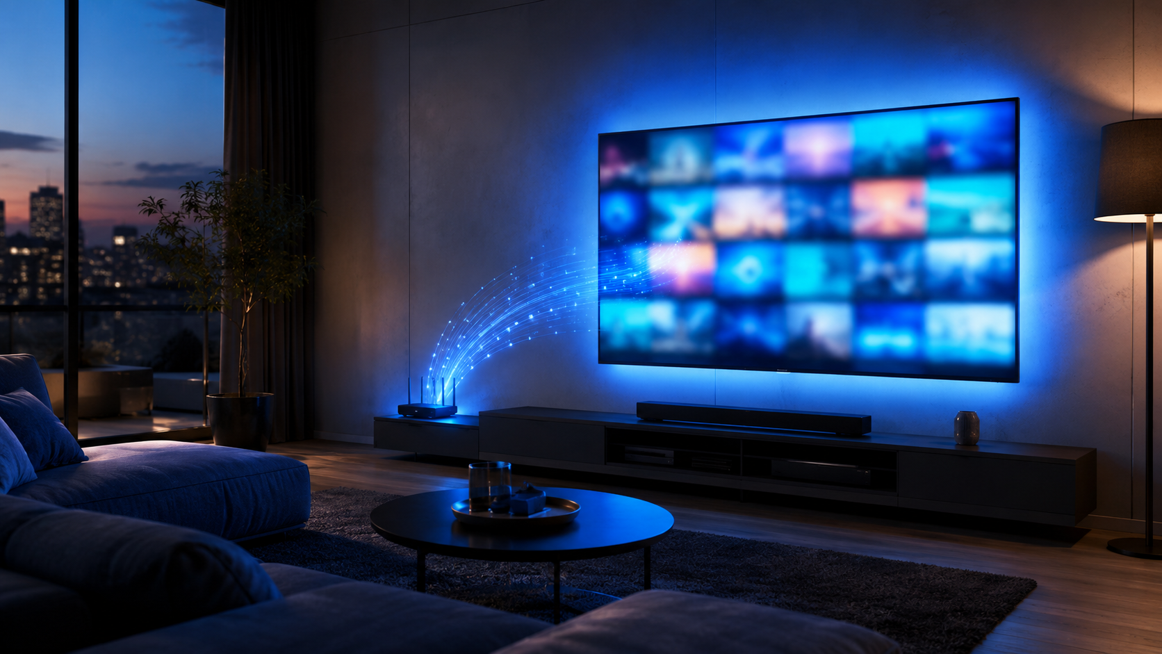 Was ist IPTV – modernes Wohnzimmer mit Smart TV, das Live-TV über das Internet zeigt