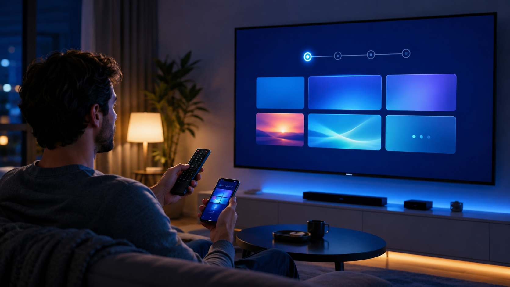 IPTV einrichten – Person richtet IPTV auf dem Smart TV mit Fernbedienung und Smartphone ein