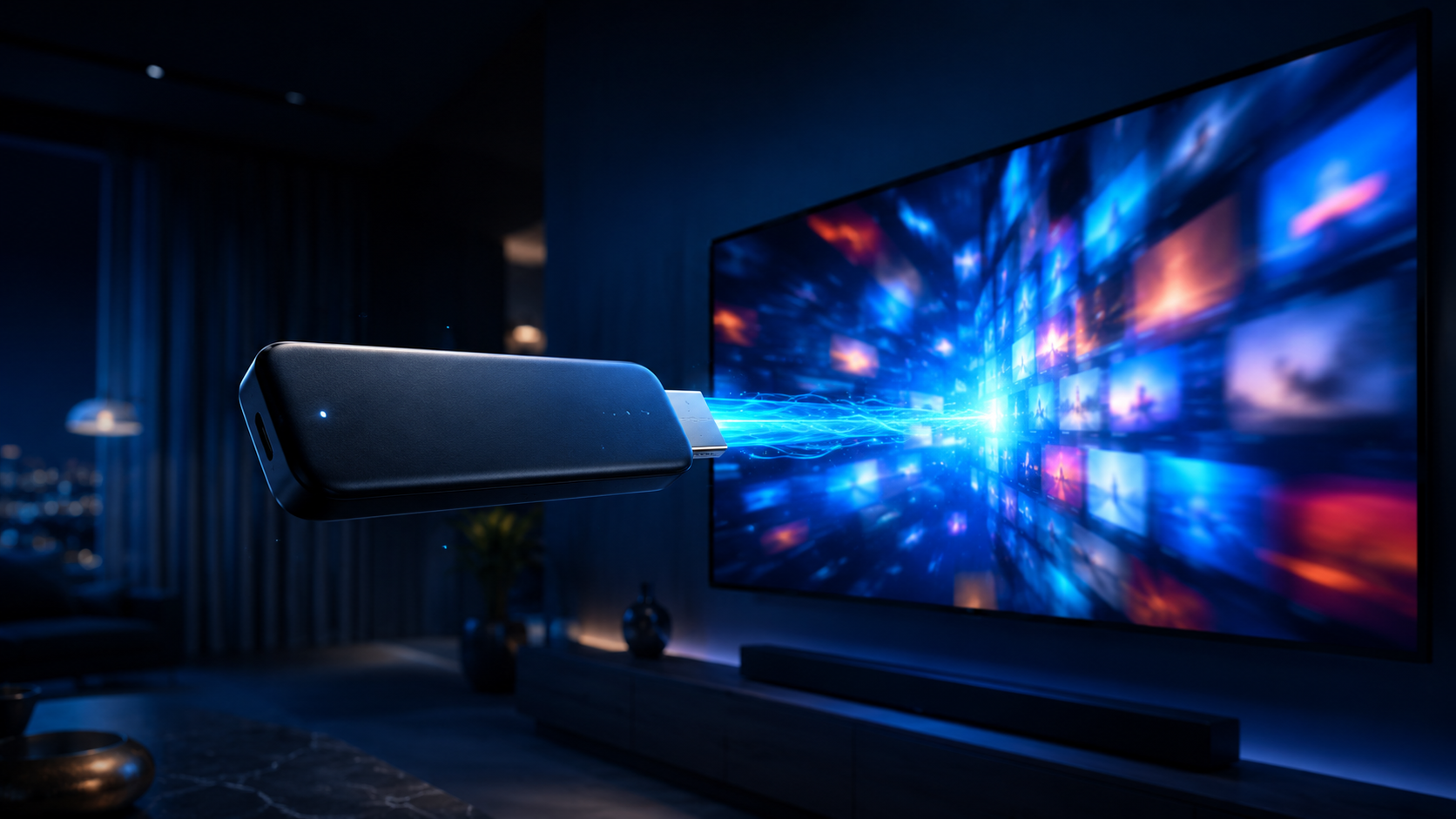 IPTV auf dem Fire TV Stick einrichten – Streaming-Stick am Fernseher mit leuchtendem Streaming-Inhalt