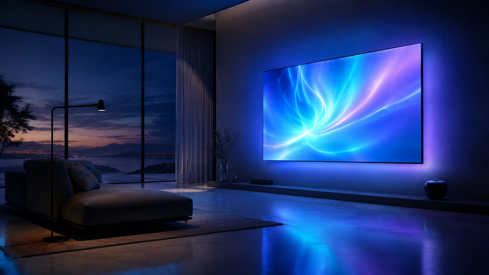 IPTV auf dem Smart TV einrichten – moderner Fernseher leuchtet im Wohnzimmer wie ein Fenster aus Licht