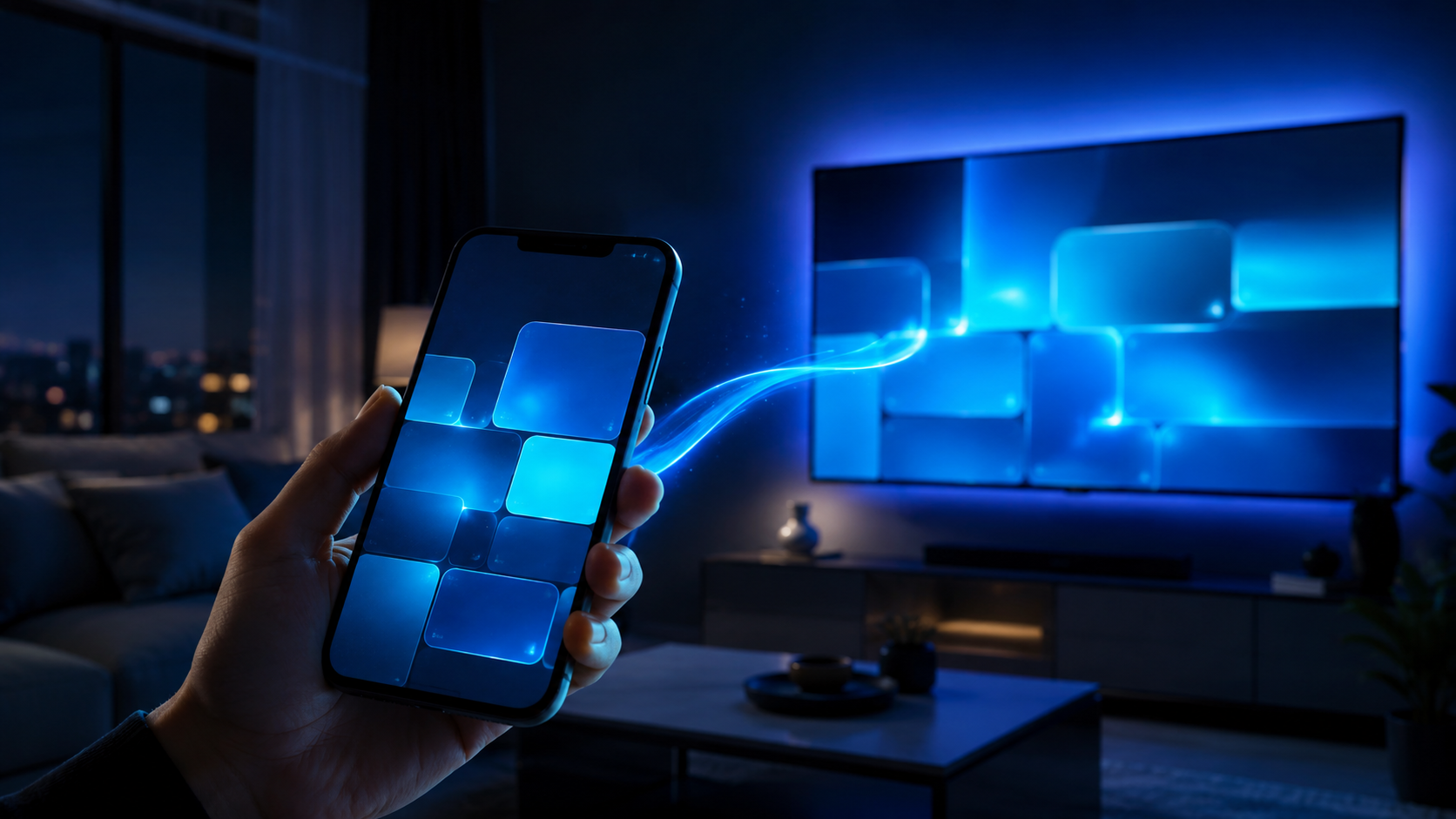 Smart IPTV App – Smartphone als Steuerzentrale mit leuchtender App-Oberfläche vor dem Fernseher